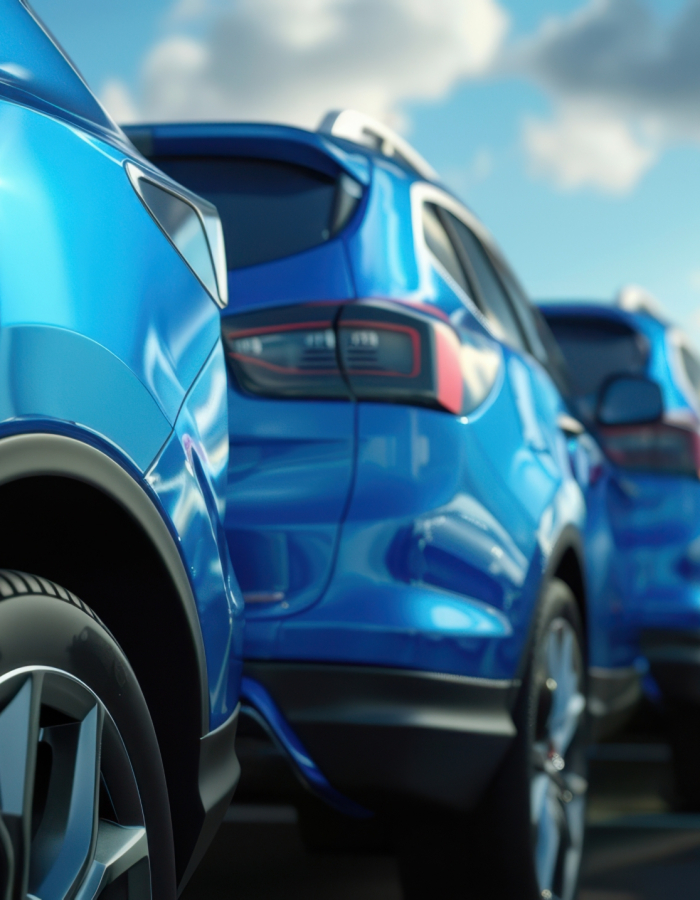 A lineup of blue cars parked outdoors under a slightly cloudy sky.
